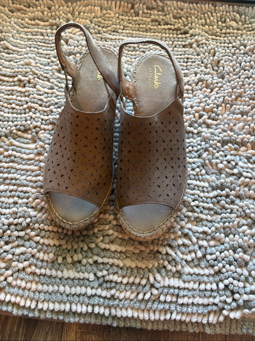 Clarks Tan Perforated Leather Slingback Espadrille Wedges